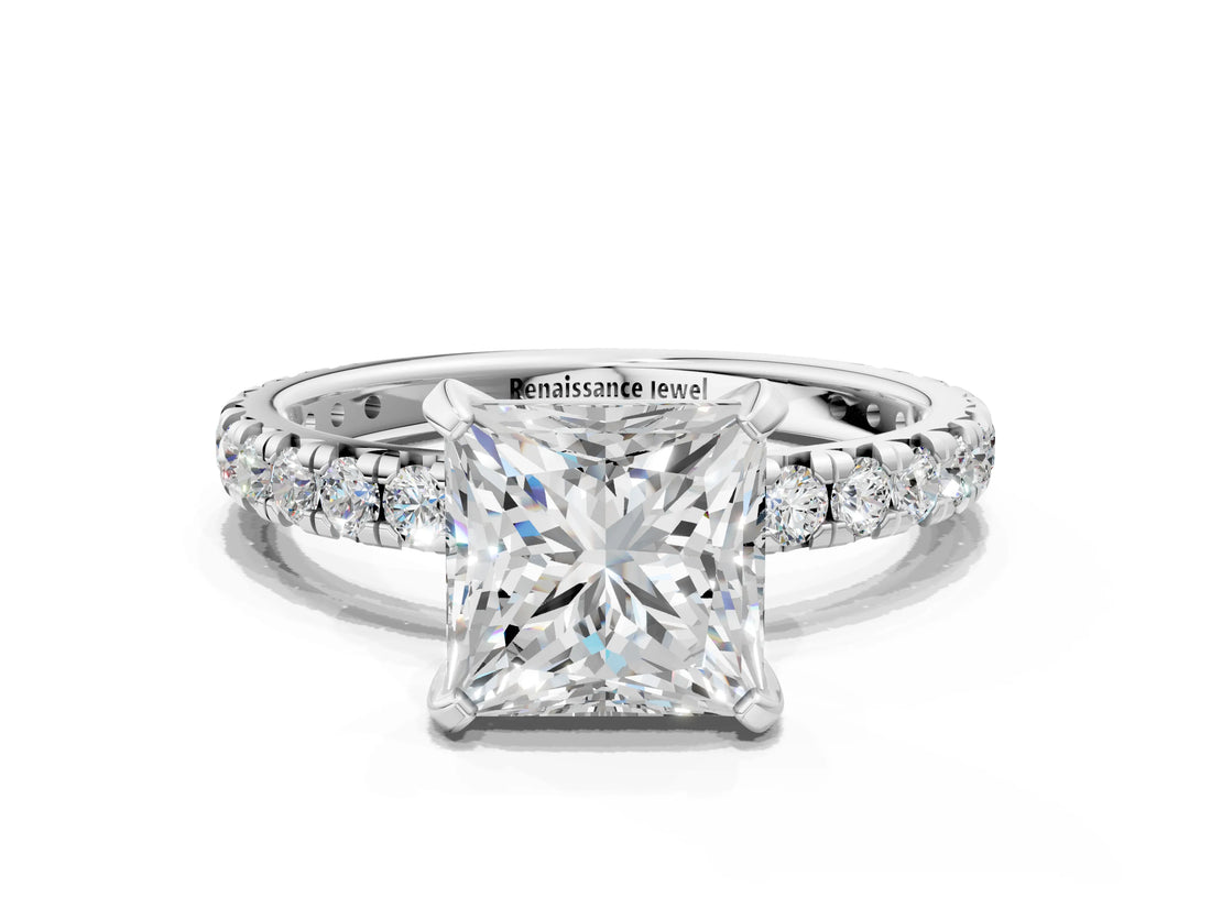 Silver Princess Cut Diamond Pavé Solitaire Ring with Round Band and Prong Setting_16