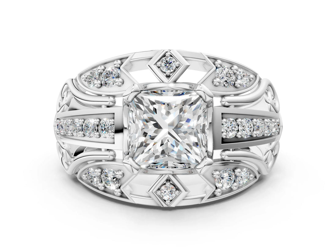 Silver Princess Cut Diamond Pave Art Deco Split Shank Ring with Four-Prong Setting_25