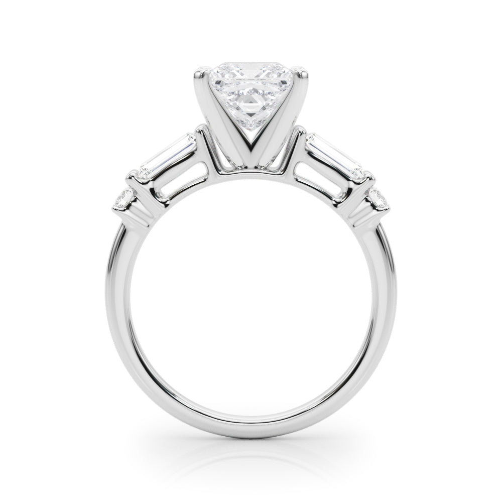 Silver Princess Cut Diamond Ring with Baguette Side Stones, Channel Set Band, and Four-Prong Setting 1