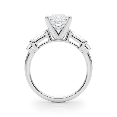 Silver Princess Cut Diamond Ring with Baguette Side Stones, Channel Set Band, and Four-Prong Setting 1