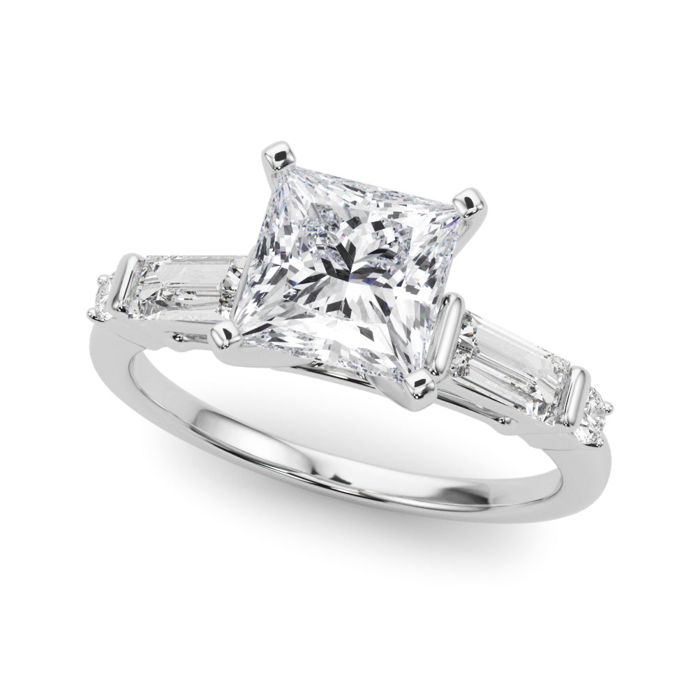 Silver Princess Cut Diamond Ring with Baguette Side Stones, Channel Set Band, and Four-Prong Setting 2