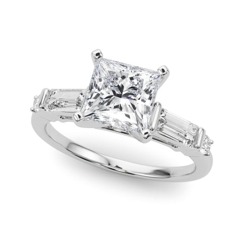 Silver Princess Cut Diamond Ring with Baguette Side Stones, Channel Set Band, and Four-Prong Setting 2