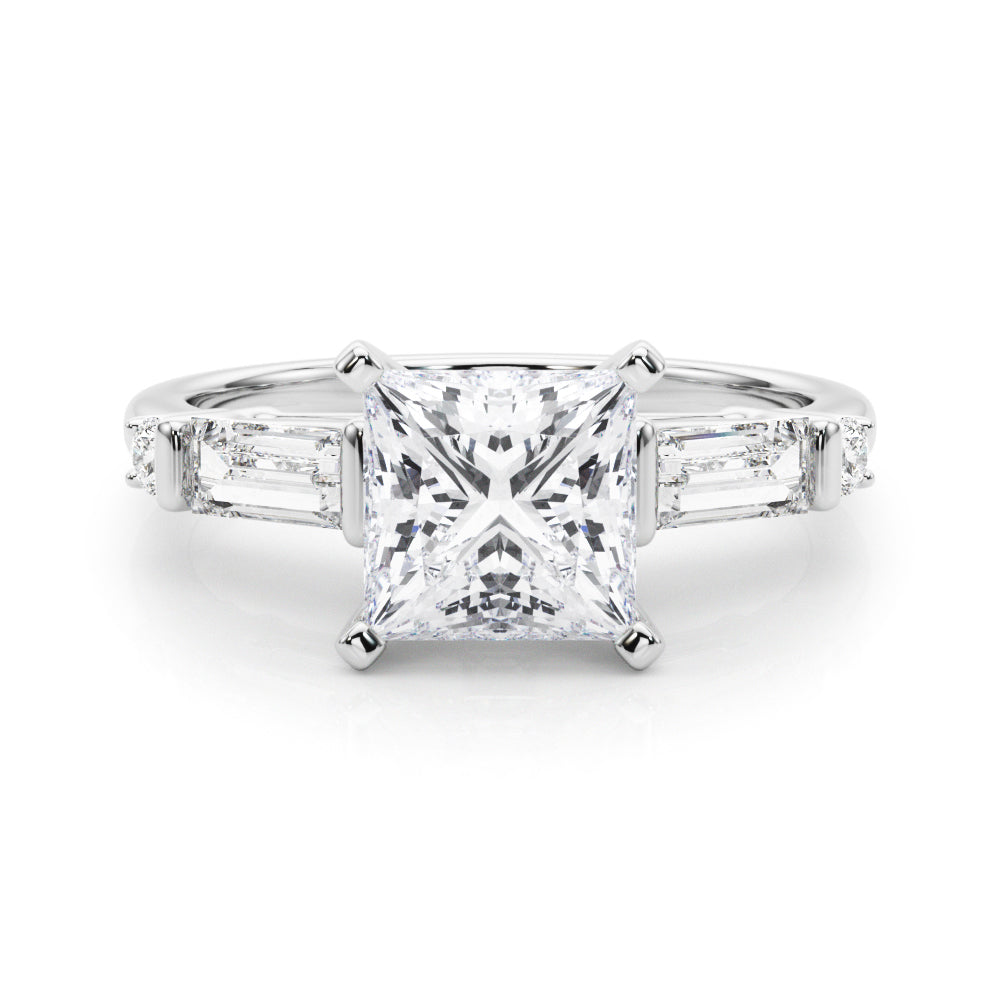 Silver Princess Cut Diamond Ring with Baguette Side Stones, Channel Set Band, and Four-Prong Setting