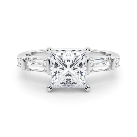 Silver Princess Cut Diamond Ring with Baguette Side Stones, Channel Set Band, and Four-Prong Setting