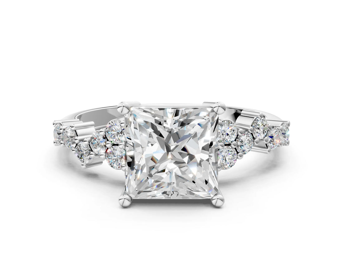 Silver Princess Cut Diamond Scattered Round Accent Ring with Prong Setting_6