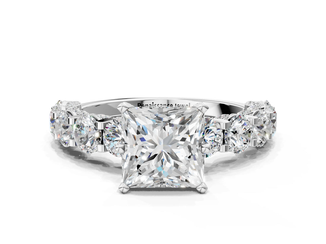 Silver Princess Cut Diamond Side Stone Engagement Ring with Four-Prong Setting