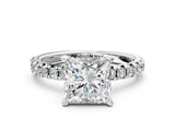 Silver Princess Cut Diamond Solitaire Pavé Engagement Ring with Round Band and Prong Setting_2