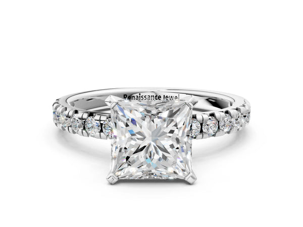Sterling Silver Princess Cut Solitaire Engagement Ring Setting with Large Round Accent Band