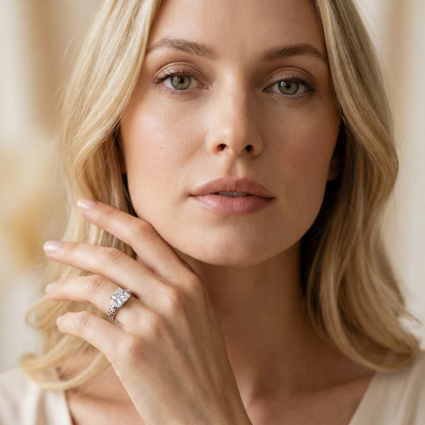 Platinum Princess Cut Diamond Solitaire Ring with Filigree Band and Four-Prong Setting