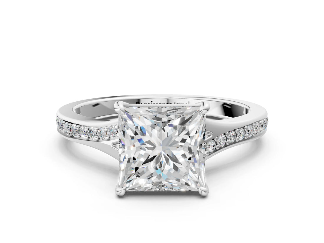 Silver Princess Cut Diamond Solitaire Ring with Pavé Band and Prong Setting_28