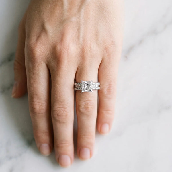 Platinum 3.05 Carat E VVS1 Princess Diamond Solitaire Ring with Pavé and Channel Set Band