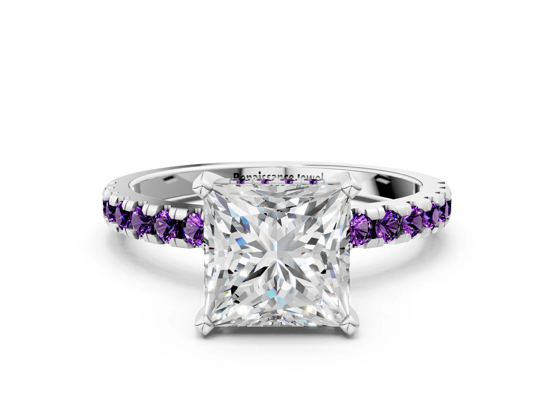 Silver Princess Cut Diamond Solitaire Ring with Round with Amethyst side stone Pavé Band and Four-Prong Setting_12