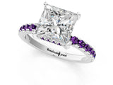 Silver Princess Cut Diamond Solitaire Ring with Round with Amethyst side stone Pavé Band and Four-Prong Setting_13