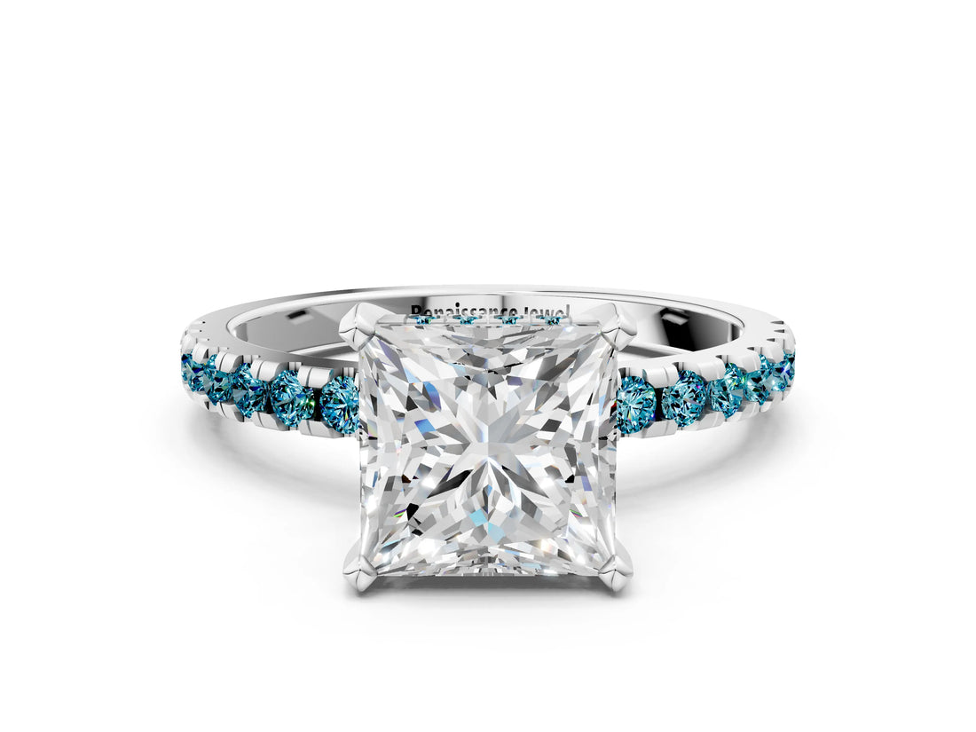 Silver Princess Cut Diamond Solitaire Ring with Round with Blue Topaz side stone Pavé Band and Four-Prong Setting_12