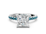 Silver Princess Cut Diamond Solitaire Ring with Round with Blue Topaz side stone Pavé Band and Four-Prong Setting_12