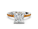 Silver Princess Cut Diamond Solitaire Ring with Round with Citrine side stone Pavé Band and Four-Prong Setting_12