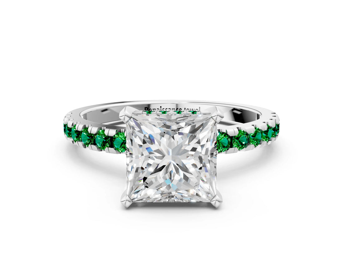 Silver Princess Cut Diamond Solitaire Ring with Round with Emerald side stone Pavé Band and Four-Prong Setting_12