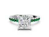 Silver Princess Cut Diamond Solitaire Ring with Round with Emerald side stone Pavé Band and Four-Prong Setting_12