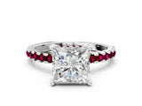 Silver Princess Cut Diamond Solitaire Ring with Round with Garnet side stone Pavé Band and Four-Prong Setting_12
