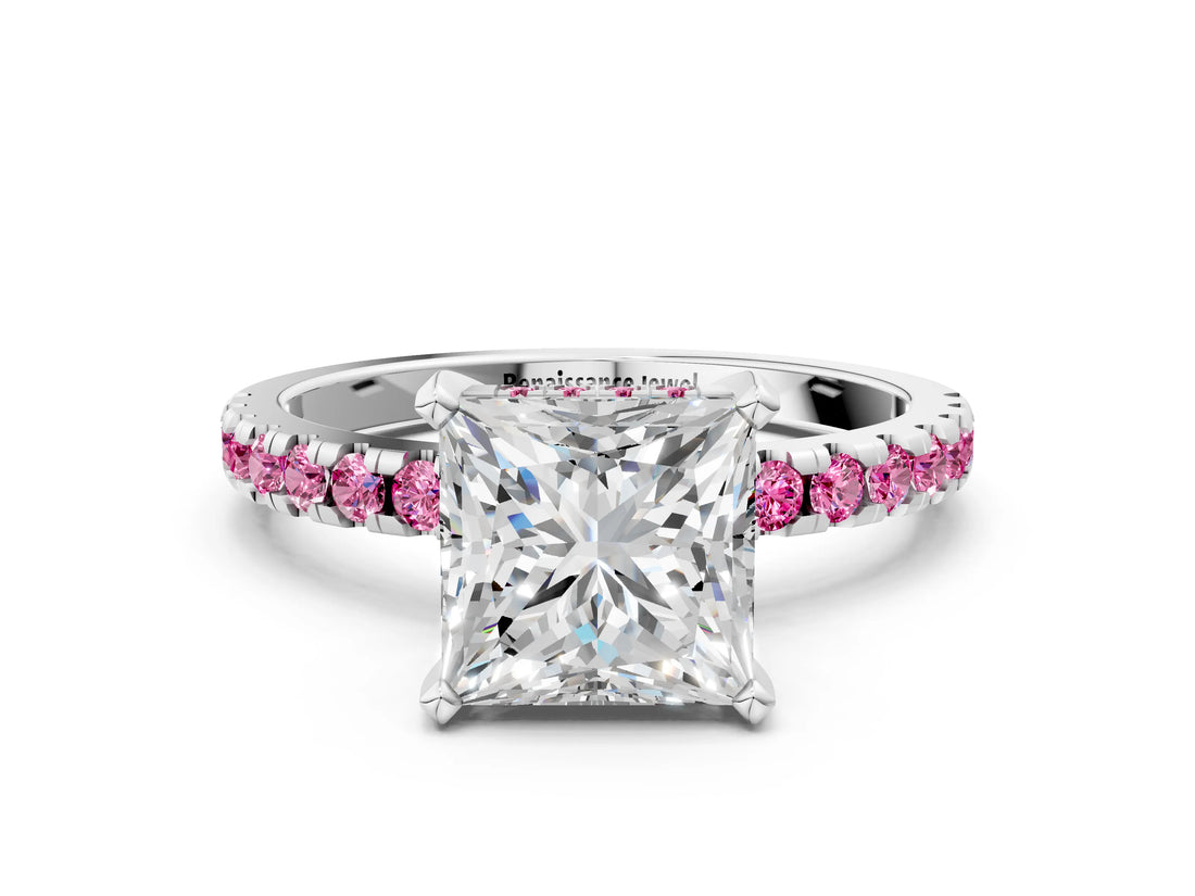 Silver Princess Cut Diamond Solitaire Ring with Round with Pink Sapphire side stone Pavé Band and Four-Prong Setting_12