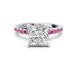 Silver Princess Cut Diamond Solitaire Ring with Round with Pink Sapphire side stone Pavé Band and Four-Prong Setting_12