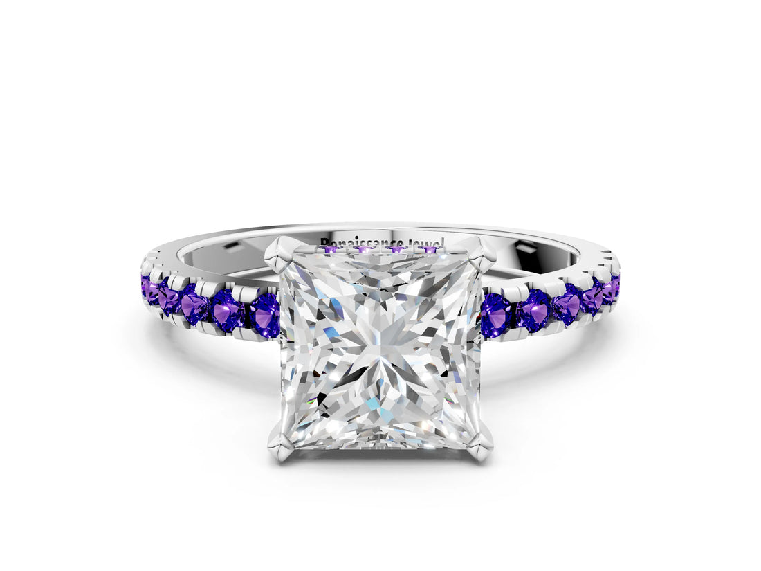 Silver Princess Cut Diamond Solitaire Ring with Round with Tanzanite side stone Pavé Band and Four-Prong Setting_12