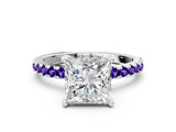 Silver Princess Cut Diamond Solitaire Ring with Round with Tanzanite side stone Pavé Band and Four-Prong Setting_12
