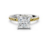 Silver Princess Cut Diamond Solitaire Ring with Round with Yellow Sapphire side stone Pavé Band and Four-Prong Setting_12