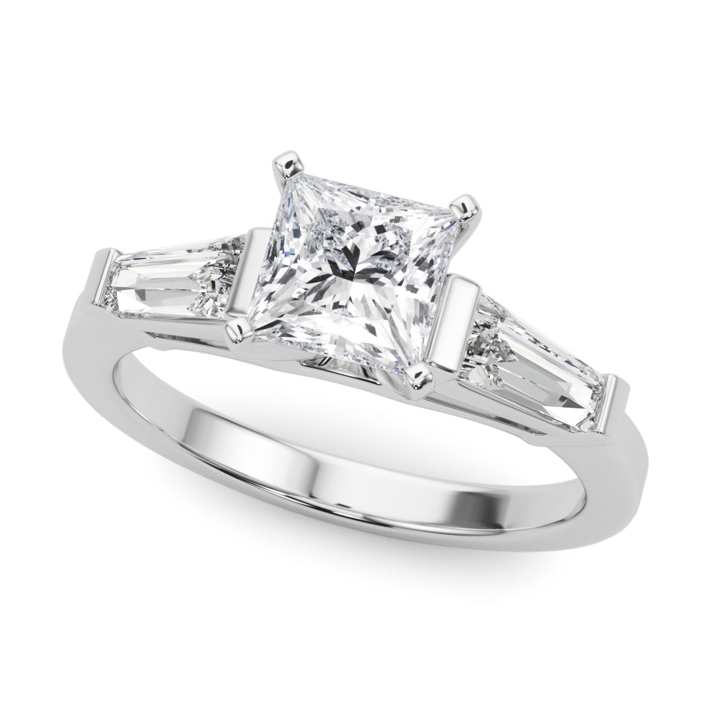 Silver Princess Cut Diamond Solitaire Ring with Tapered Baguette Accents and Four-Prong Setting 2