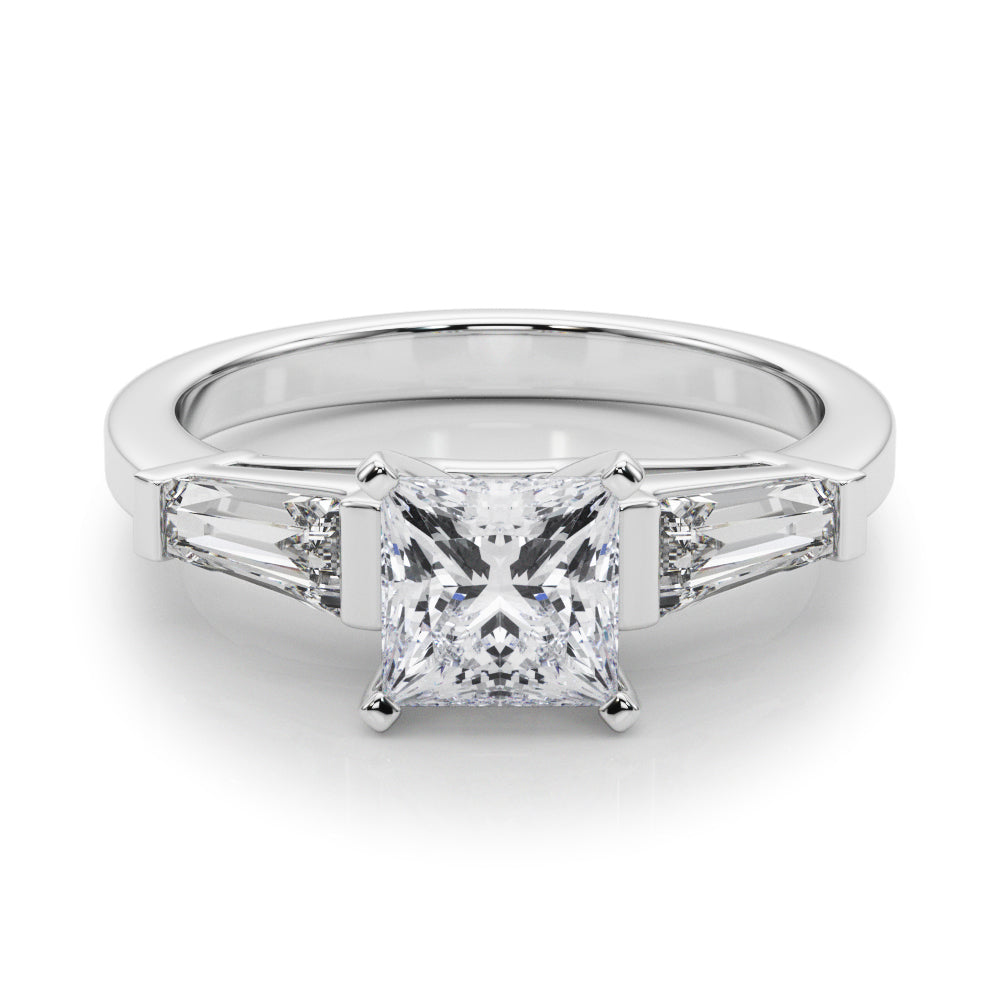 Silver Princess Cut Diamond Solitaire Ring with Tapered Baguette Accents and Four-Prong Setting