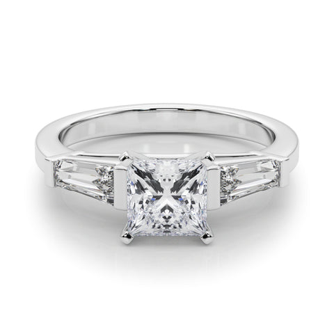 Silver Princess Cut Diamond Solitaire Ring with Tapered Baguette Accents and Four-Prong Setting