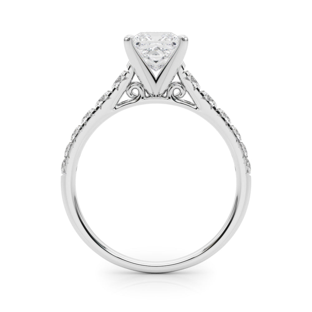 Silver Princess Cut Diamond Solitaire with Pave Band and Four-Prong Setting 1
