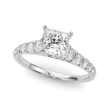 Silver 2.08 Carat E VVS2 Princess Cut Diamond Solitaire with Pave Band and Four-Prong Setting