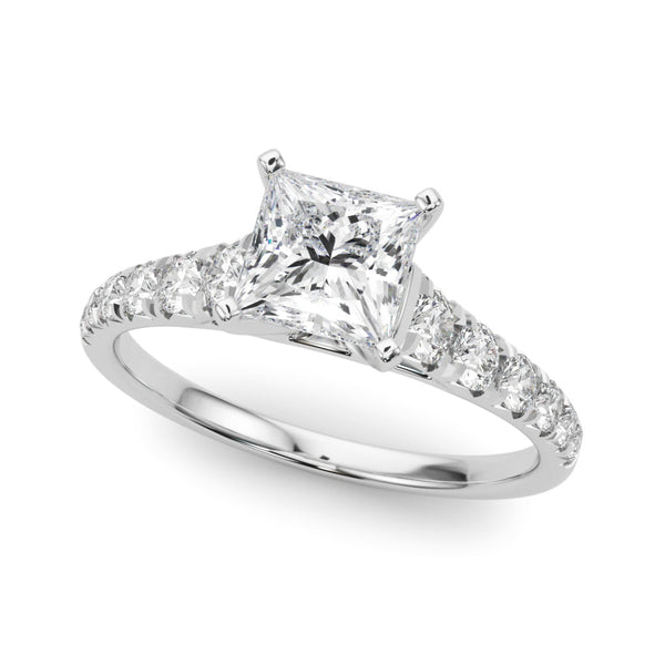 Silver 2.08 Carat E VVS2 Princess Cut Diamond Solitaire with Pave Band and Four-Prong Setting