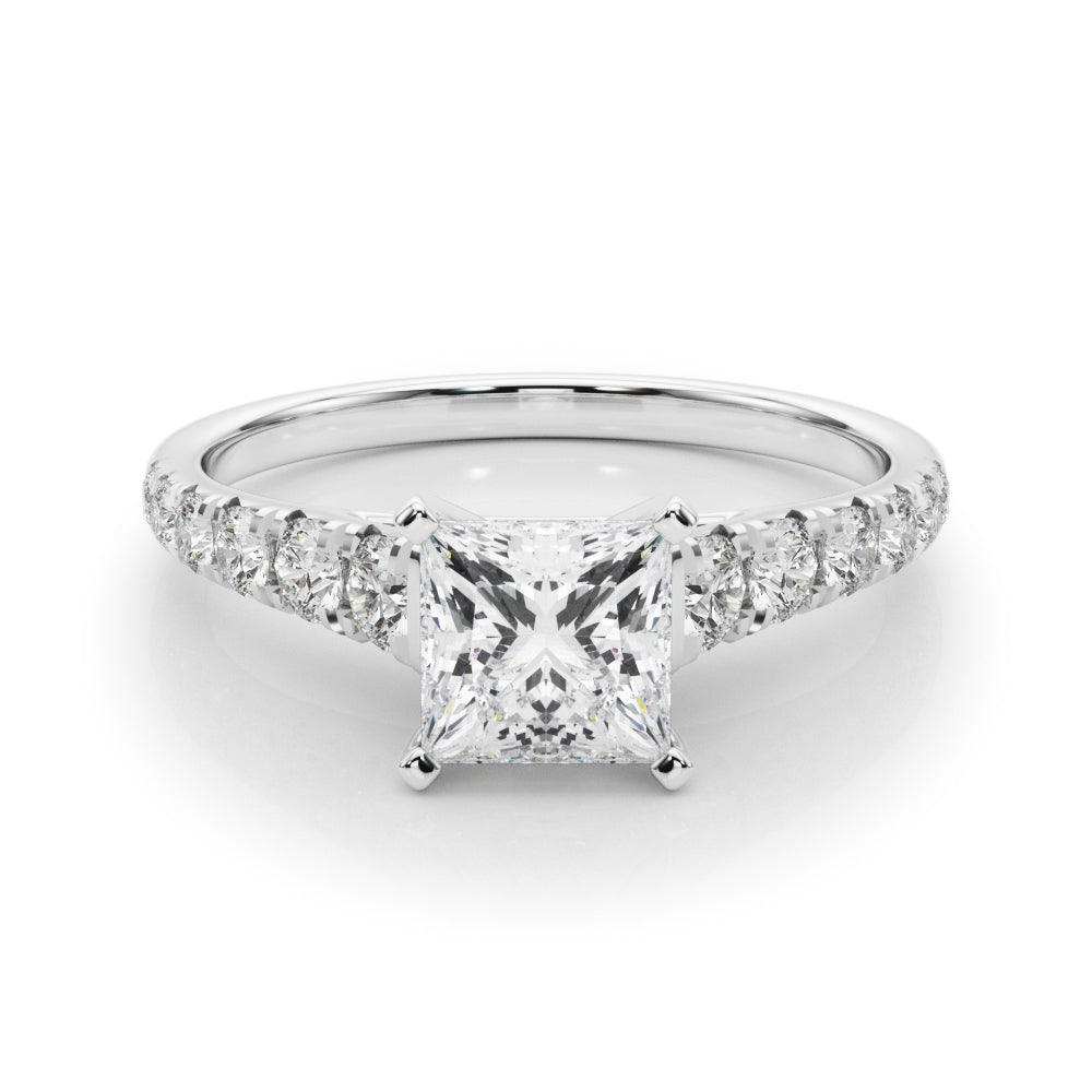Silver Princess Cut Diamond Solitaire with Pave Band and Four-Prong Setting