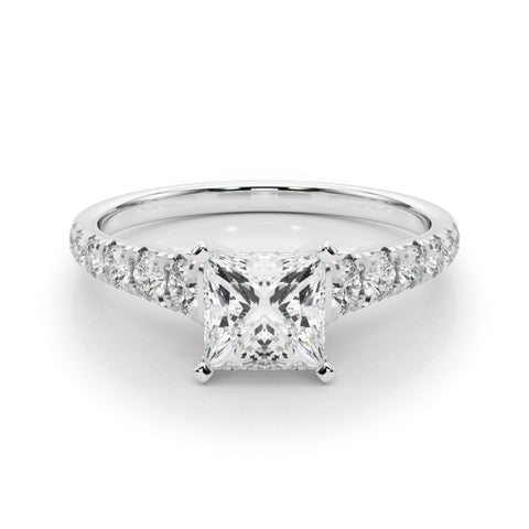 Silver Princess Cut Diamond Solitaire with Pave Band and Four-Prong Setting