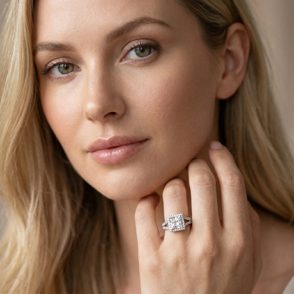 Sterling Silver Princess Cut Halo Engagement Ring Setting with Narrow Pave Split Shank