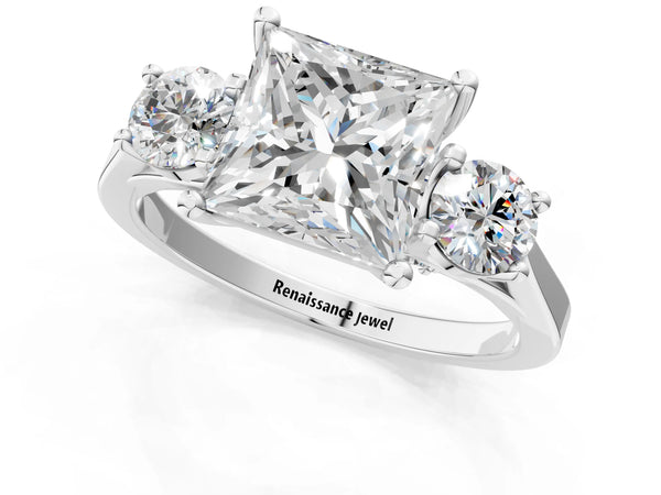 Silver Princess Cut Diamond Three-Stone Engagement Ring with Prong Setting and Pavé Band