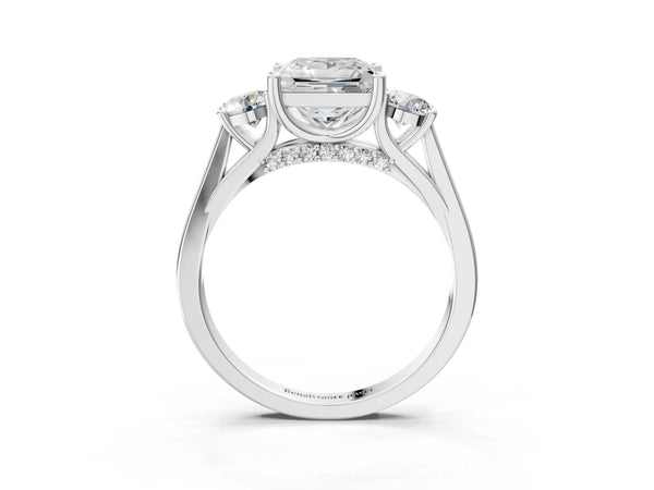 Silver Princess Cut Diamond Three-Stone Engagement Ring with Prong Setting and Pavé Band