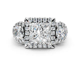Silver Princess Cut Diamond Three-Stone Halo Ring with Prong Setting and Pavé Accents_13