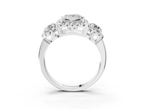 Sterling Silver Princess Cut Three Stone Halo Engagement Ring Setting