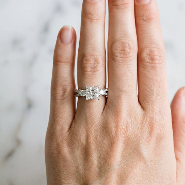 Platinum Princess Cut Three Stone Engagement Ring Setting with Pave Split Shank