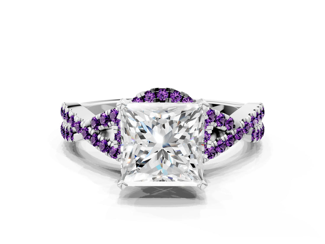 Silver Princess Cut Diamond with Amethyst side stone Halo Twist Band Solitaire Prong Setting Ring