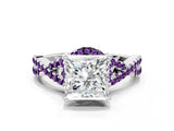 Silver Princess Cut Diamond with Amethyst side stone Halo Twist Band Solitaire Prong Setting Ring