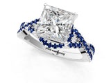 Silver Princess Cut Diamond with Blue Sapphire side stone Halo Twist Band Solitaire Prong Setting Ring_1