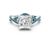Silver Princess Cut Diamond with Blue Topaz side stone Halo Twist Band Solitaire Prong Setting Ring
