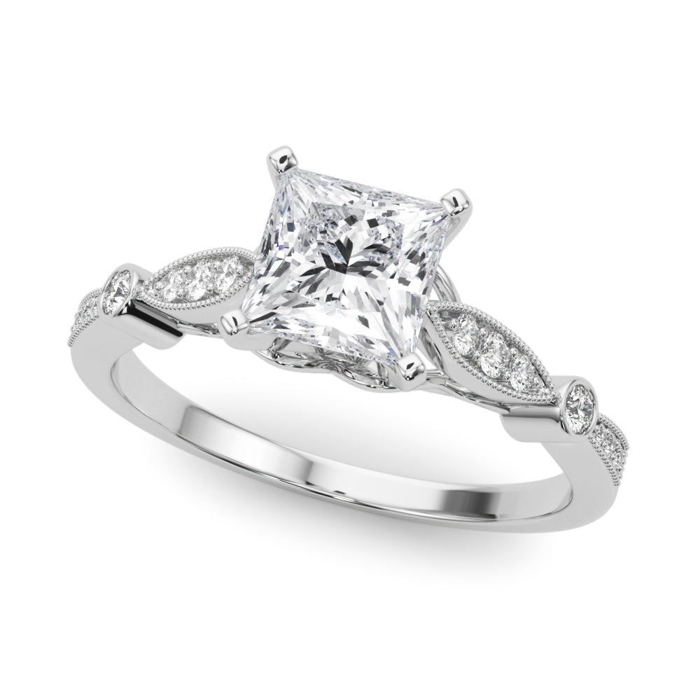 Silver Princess Cut Diamond with Milgrain Marquise and Bezel Accents on a Solitaire Band with Prong Setting 2