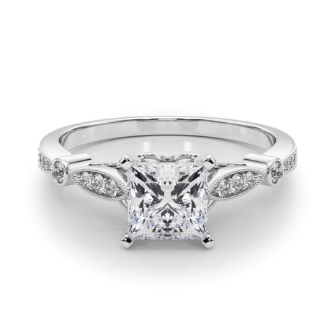Silver Princess Cut Diamond with Milgrain Marquise and Bezel Accents on a Solitaire Band with Prong Setting