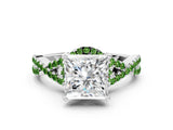 Silver Princess Cut Diamond with Peridot side stone Halo Twist Band Solitaire Prong Setting Ring