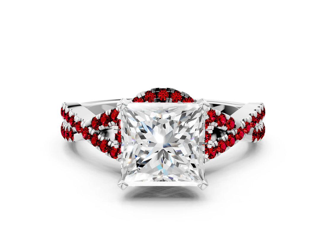 Silver Princess Cut Diamond with Ruby side stone Halo Twist Band Solitaire Prong Setting Ring